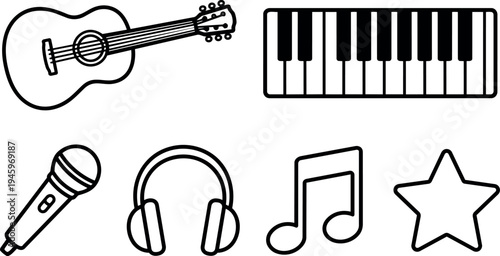 Simple black and white line art music icons guitar keyboard microphone headphones and music note star symbols set