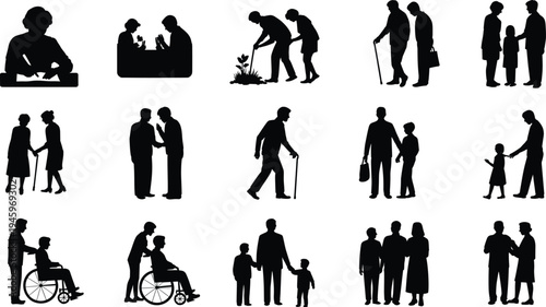 Caregiving silhouettes, elderly people icons, family support artwork, aging and mobility illustration, intergenerational relationship design, healthcare and lifestyle symbol collection