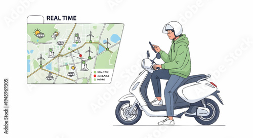 Man riding scooter while using smartphone with map navigation
