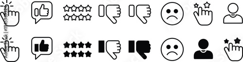 Customer feedback icon set, rating and review artwork illustration, interaction and communication design inspiration, user experience symbols collection