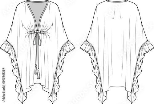 Elegant kaftan technical cad drawing flat vector illustration with ruffled sleeves drawstring tassel waist and deep v neckline for fashion