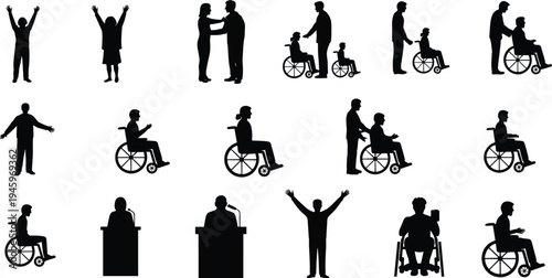 Disability silhouettes, wheelchair icons, inclusivity artwork, accessibility illustration, healthcare support design, empowerment and caregiving symbol collection