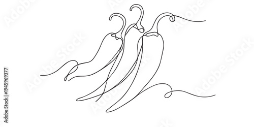 One line drawing of three chili peppers grouped together. Hand drawn continuous line expressing spice, abundance, freshness, and bold culinary flavor.