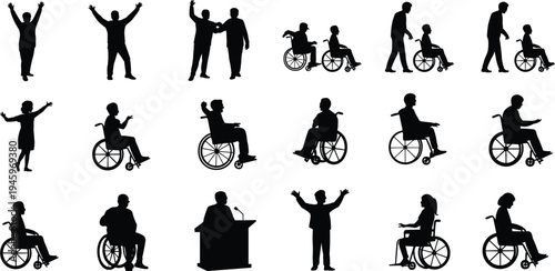 Disability silhouettes, wheelchair icons, inclusivity artwork, accessibility illustration, healthcare support design, empowerment and caregiving symbol collection