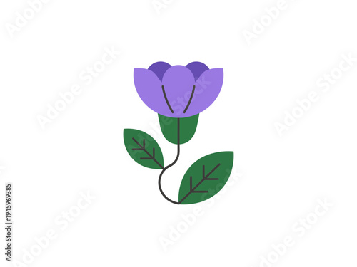 A minimalist vector graphic of a purple flower with green leaves on a white background