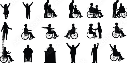 Disability silhouettes, wheelchair icons, inclusivity artwork, accessibility illustration, healthcare support design, empowerment and caregiving symbol collection
