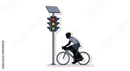 Cyclist riding bike past solar powered traffic light
