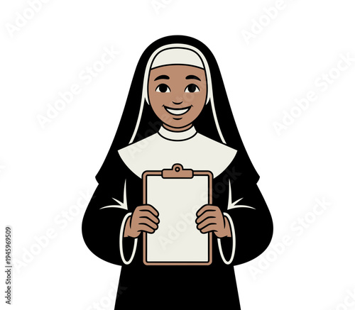 A smiling nun in a traditional black and white habit holding a clipboard with a friendly expression