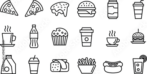 Fast food icons, beverage silhouettes, snack and drink artwork, pizza and burger symbols, dessert illustration collection, cafe and restaurant design elements