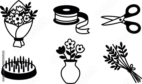Black and white minimalist floral bouquet ribbon scissors flower frog and vase vector icons set for craft and floral design