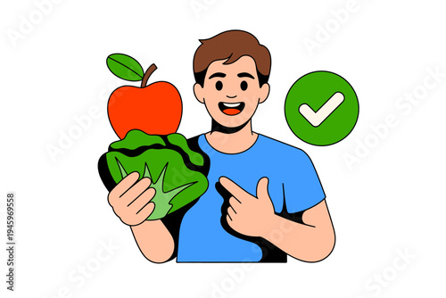 A cartoon man happily holding a green bag with a red apple and giving a thumbs up with a green checkmark