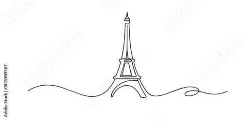Continuous line drawing of the Eiffel Tower. One line drawing for famous landmark concept, Paris travel, architecture, and tourism theme.