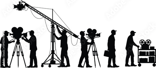 Black Silhouette Set of Professional Film Crew Operating Cinema Cameras and Jib Cranes for Movie Production and Television Broadcast Studio