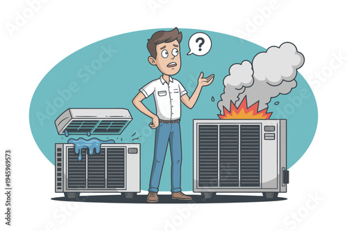 A cartoon technician puzzled by a malfunctioning air conditioner with smoke and flames coming out of it next to a working unit.