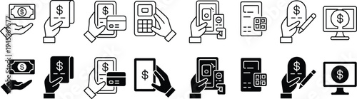 Financial tools icon set, payment and transaction artwork illustration, mobile banking and cash design inspiration, digital finance symbols collection