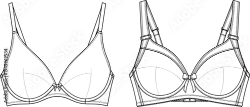 Cad drawing flat vector illustration of women's classic underwire bra technical sketch with adjustable straps bow detail and back view