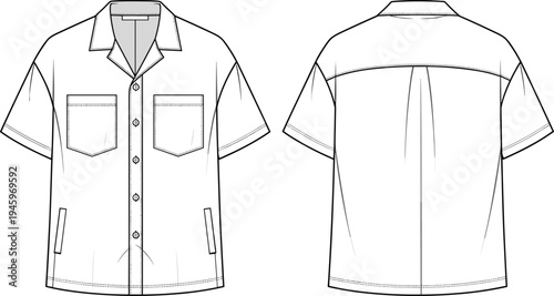 Cad drawing flat vector illustration of a men's oversized short sleeve utility shirt with double chest pockets and front back view