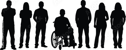 Diversity silhouettes, inclusion concept, wheelchair accessibility, equality representation, group of people, physical diversity, community support, inclusive society, teamwork, unity