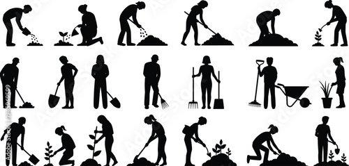 Gardening silhouettes, people with tools icons, planting and watering artwork, outdoor lifestyle illustration, garden activity design, horticulture symbol collection