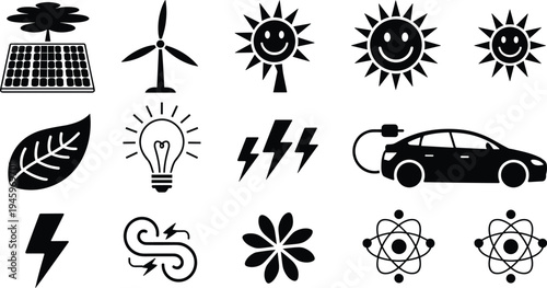 Renewable energy icons, eco-friendly silhouettes, sustainability artwork, clean technology design, solar and wind power symbols, environmental science illustration collection