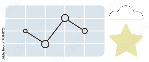 Business analytics, data visualization, performance tracking, strategic planning, forecasting, metrics evaluation. Line graph on a grid background with a cloud and star icon. Business analytics