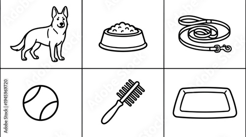 Minimalist vector art set including standing dog leash bowl tennis ball brush and pet bed line style icons