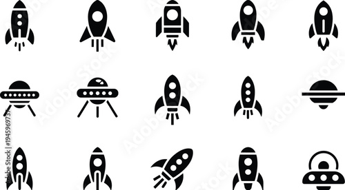 Rocket and UFO icons, space exploration silhouettes, futuristic spacecraft artwork, alien spaceship symbols, science fiction design collection, cosmic travel illustration