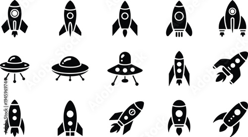 Rocket and UFO icons, space exploration silhouettes, futuristic spacecraft artwork, alien spaceship symbols, science fiction illustration, cosmic travel design collection