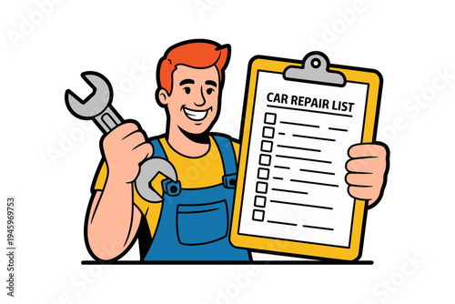 A cartoon mechanic holding a wrench and a car repair list on a clipboard, smiling and wearing blue overalls.