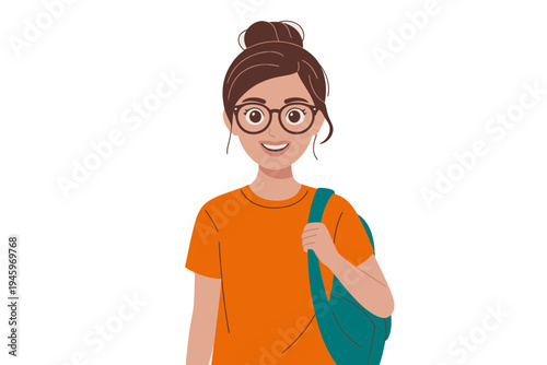 A smiling cartoon woman with glasses and a bag slung over her shoulder, wearing an orange t-shirt and standing against a plain white background.