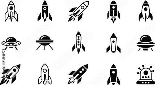 Rocket and UFO icons, space exploration silhouettes, futuristic spacecraft artwork, alien spaceship symbols, science fiction illustration, cosmic travel design collection
