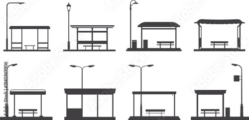 Silhouette collection of bus stop shelters, urban infrastructure artwork, public transportation illustration, architectural design inspiration