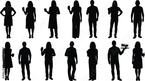 Drink silhouettes people, holding cups glasses, tray serving vector, casual social gathering, diverse clothing styles, party design, beverage illustration art