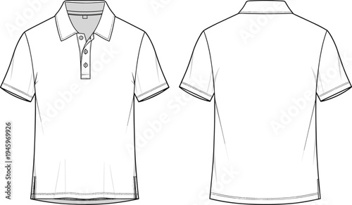 Cad drawing flat vector illustration of men's short sleeve polo shirt technical sketch template featuring button placket front and back view