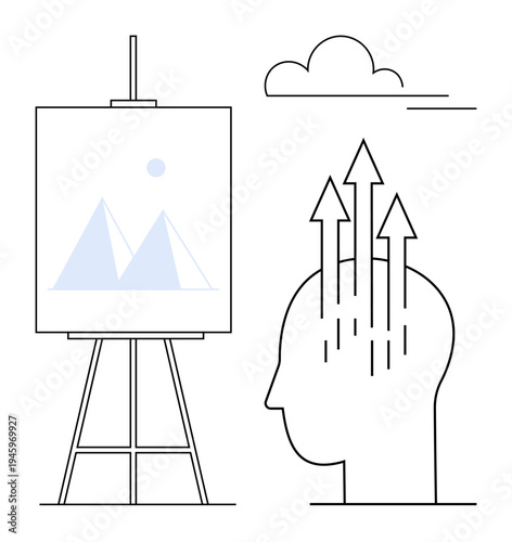 Creativity concept. Creativity by a canvas on an easel and upward arrows from a human head. Creativity inspiring innovation, art expression, and problem-solving. For education, design ideas, business