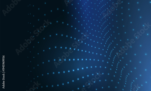 Blue dotted wave on dark plane technology abstract background showing flowing network of glowing data nodes and subtle gradient lighting, sense of depth and motion, modern visualization for tech