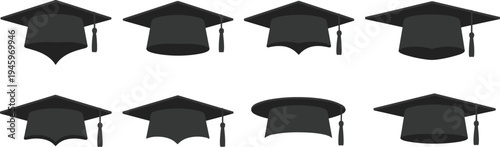Silhouette collection of graduation caps, mortarboard artwork illustration, academic achievement design inspiration, education celebration icon set