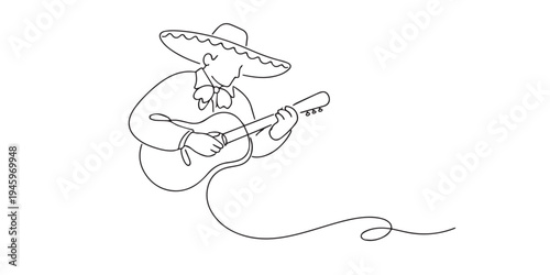 Continuous line drawing Mexican man wearing traditional sombrero playing guitar in a minimalist cultural music style.One line drawing for mariachi musician concept, folk music, cultural performance