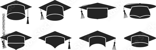 Silhouette collection of graduation caps, mortarboard artwork illustration, academic achievement design inspiration, education celebration icon set