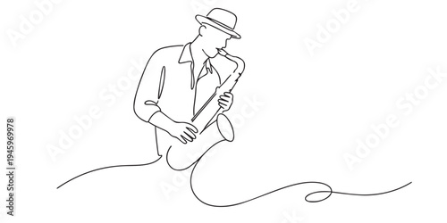 Continuous line drawing of a man playing saxophone wearing a hat. jazz music and artistic expression. One line drawing for saxophonist, live performance, creativity, and smooth jazz illustration.