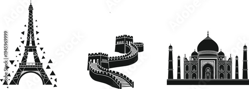 Black world landmark silhouette collection featuring Eiffel Tower, Great Wall of China, and Taj Mahal icons isolated on white background vector.