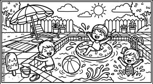 Black and white vector art children playing swimming pool beach ball splashing water summer backyard umbrella sun scene
