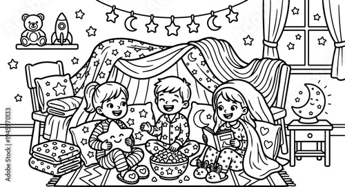 Black and white line art illustration of three children in pajamas building a blanket fort with star and moon decorations playing and reading indoors at night