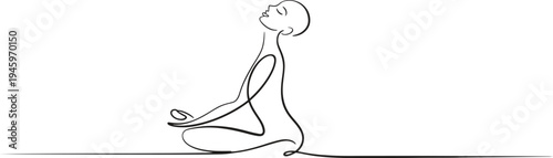 A serene figure meditating peacefully in a continuous line drawing, facing upwards in contemplation.