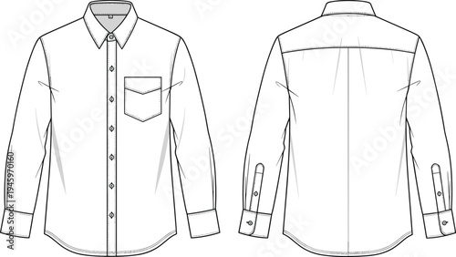 Cad drawing flat vector illustration of men's long sleeve button down dress shirt technical sketch with pocket front and back view