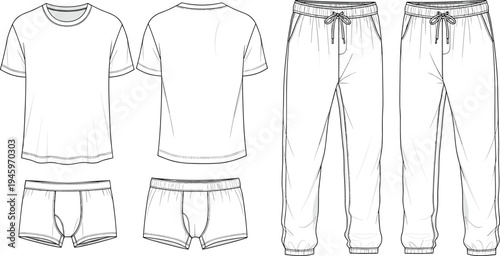 Cad drawing flat vector illustration of a men's loungewear set including basic crew neck tshirt sweatpants and boxer briefs template