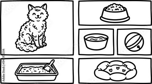 Line art cat sitting with happy face next to food bowls litter box ball and cushioned pet bed simple pet care icons