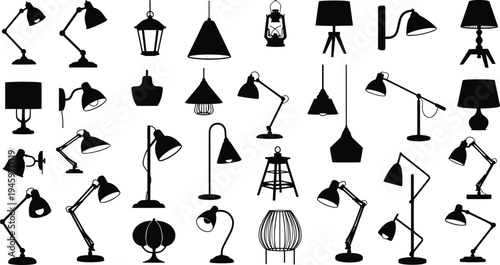 Lamp silhouettes collection, desk lamp, floor lamp, pendant light, wall lamp, lantern design, modern lighting, vintage style, interior decor vector