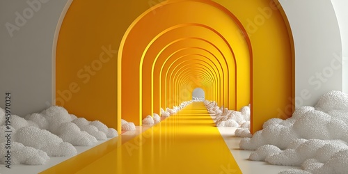 Bright pathway with arches and clouds in a design space