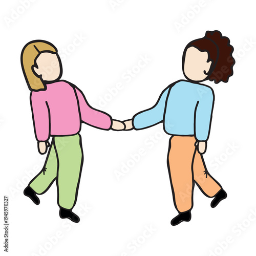 Two women walking and holding hands vector illustration